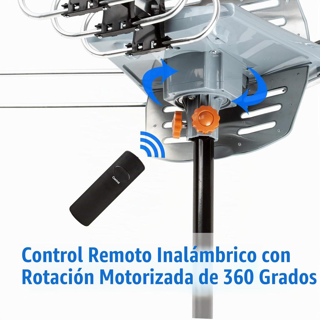 Five Star Antena HDTV amplificada OTA de rotación de 360 grados motorizada para exteriores de 150 millas para 2 televisores - Canales UHF/VHF/1080P Control remoto inalámbrico - Cable coaxial RG6 de 40 pies