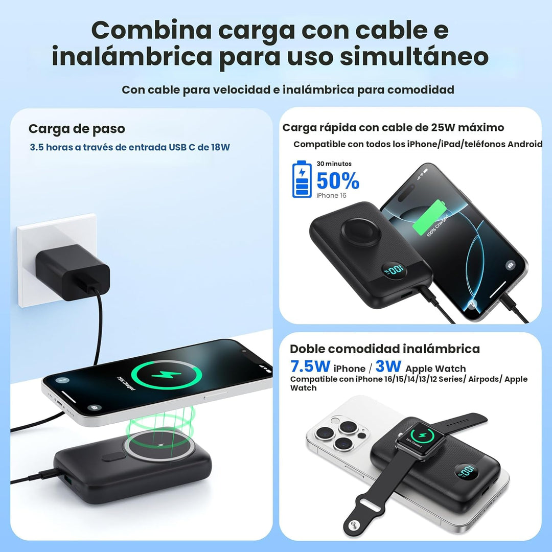 Cargador portátil magnético para iPhone y Apple Watch, 10800 mAh, 2...