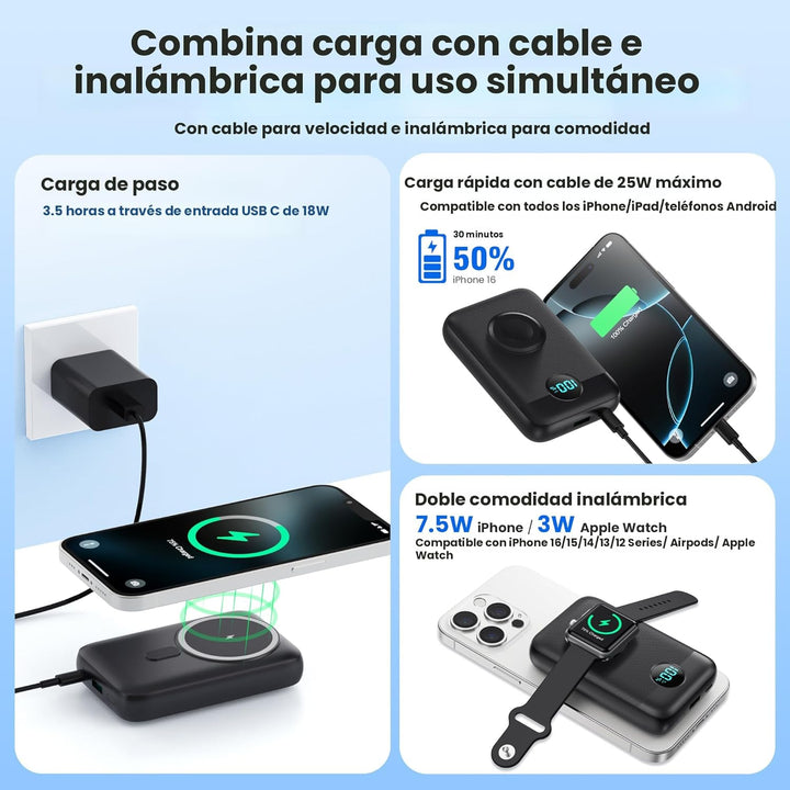 Cargador portátil magnético para iPhone y Apple Watch, 10800 mAh, 2...