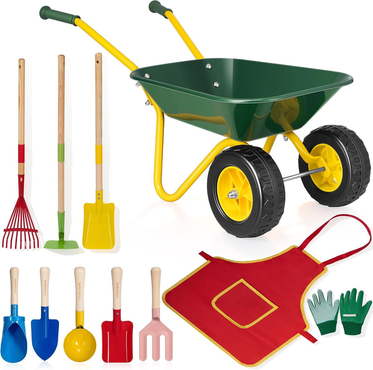 VIVOHOME 11 PCS Niños Carretilla Set Niños Jardín Carro - Verde