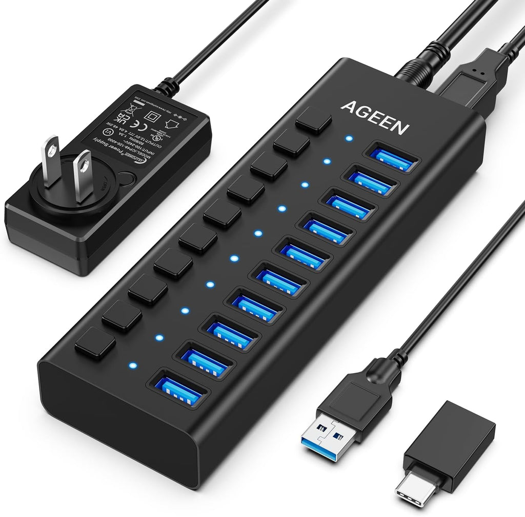 AGEEN, hub USB 3.2 de 10 puertos, alimentado, adaptador 12V/4A