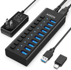 AGEEN, hub USB 3.2 de 10 puertos, alimentado, adaptador 12V/4A