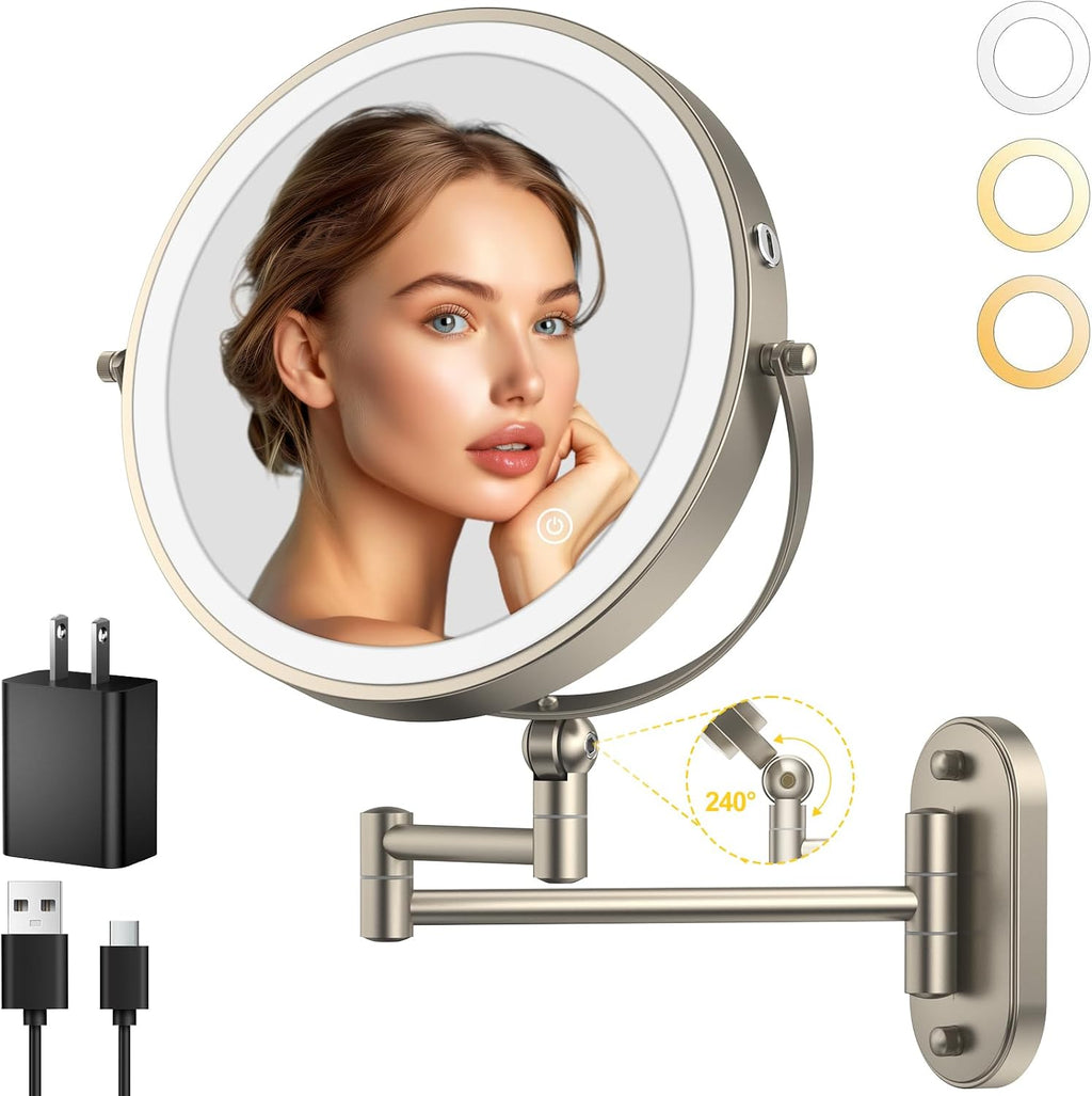 IMIKONA Espejo de maquillaje iluminado de pared de 9 pulgadas, espejo de aumento de doble cara recargable de 4000 mAh 1X/10X con luz, 3 luces de color, regulable al tacto, espejo de maquillaje montado en la pared con brazo extendido de rotación de 360