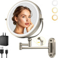 IMIKONA Espejo de maquillaje iluminado de pared de 9 pulgadas, espejo de aumento de doble cara recargable de 4000 mAh 1X/10X con luz, 3 luces de color, regulable al tacto, espejo de maquillaje montado en la pared con brazo extendido de rotación de 360