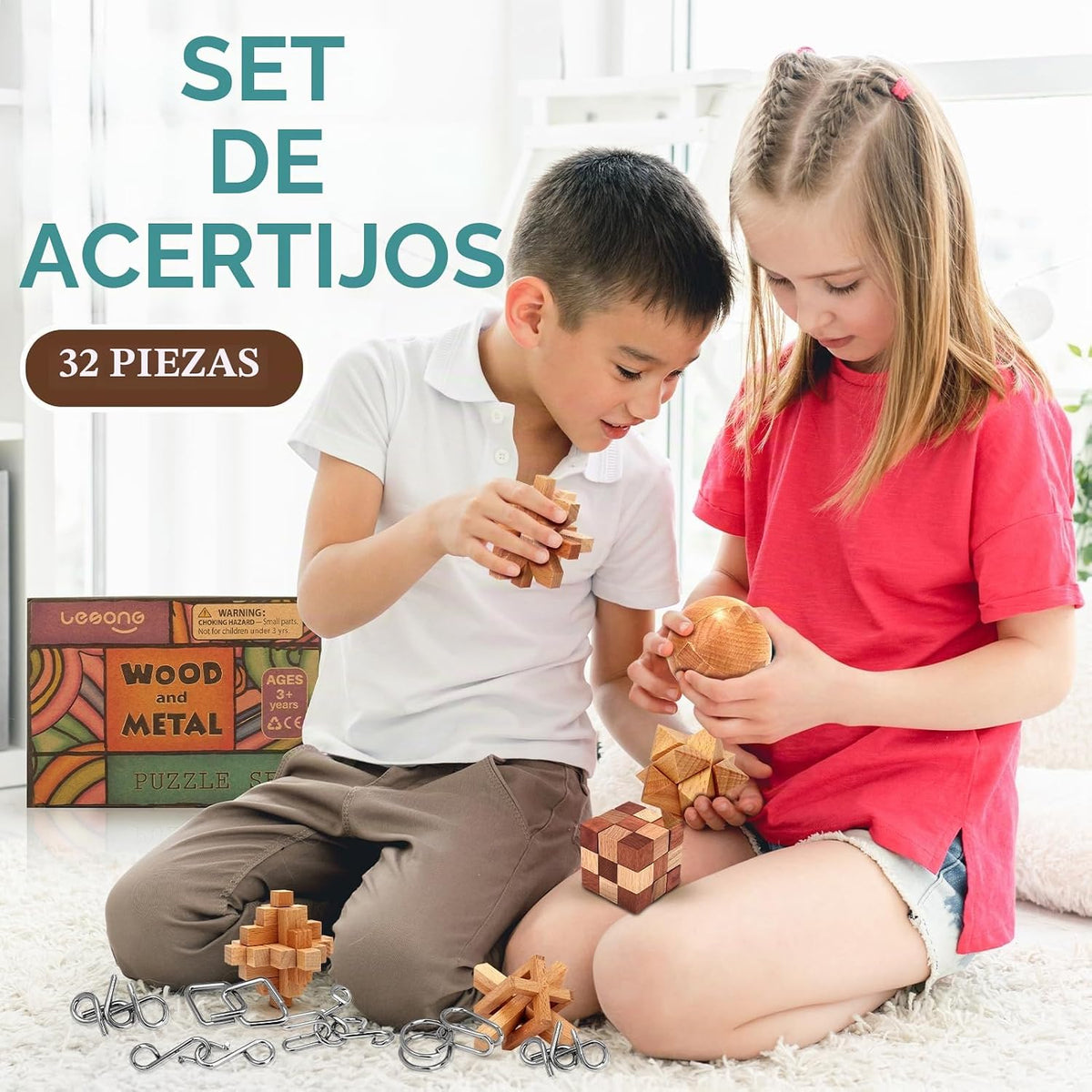 Rompecabezas de metal de madera, regalos de Pascua para niños y adolescentes, rompecabezas de cerebro desenredado de eslabones de hierro, juego de entrelazado, anillo chino, juguete mágico para recuerdos de fiesta, niños y adultos, desafío paquete de 32