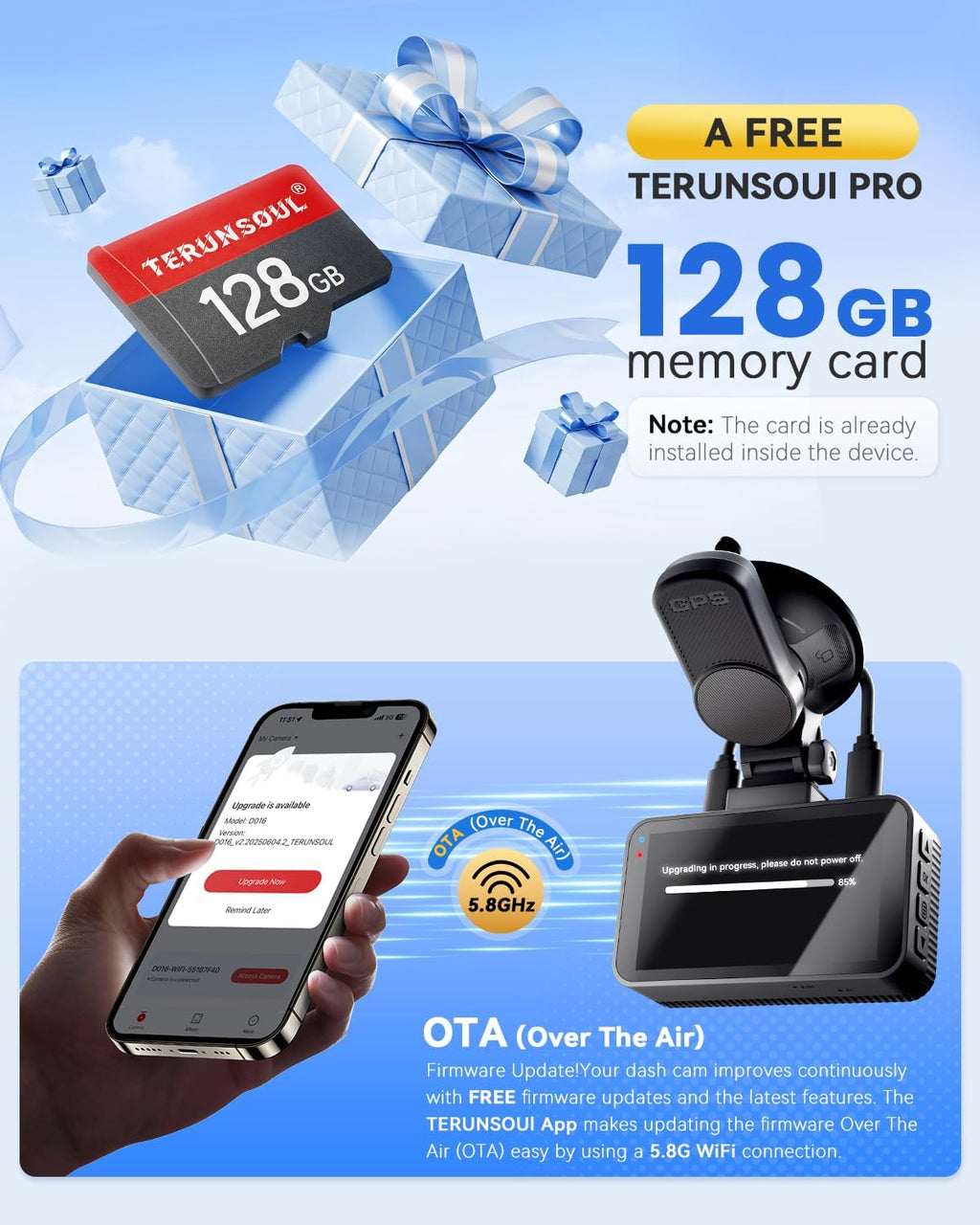 Cámara de tablero 4K+4K, tarjeta gratuita de 128 GB, WiFi6 de 5.8