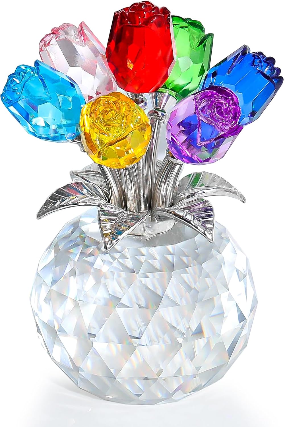 Figura Coleccionable de Flor de Rosa Colorida de Cristal con Jarrón, Ramo de Rosas Regalos Románticos Florales para Esposa Mamá Mujeres en el Día de la Madre San Valentín Aniversario Navidad