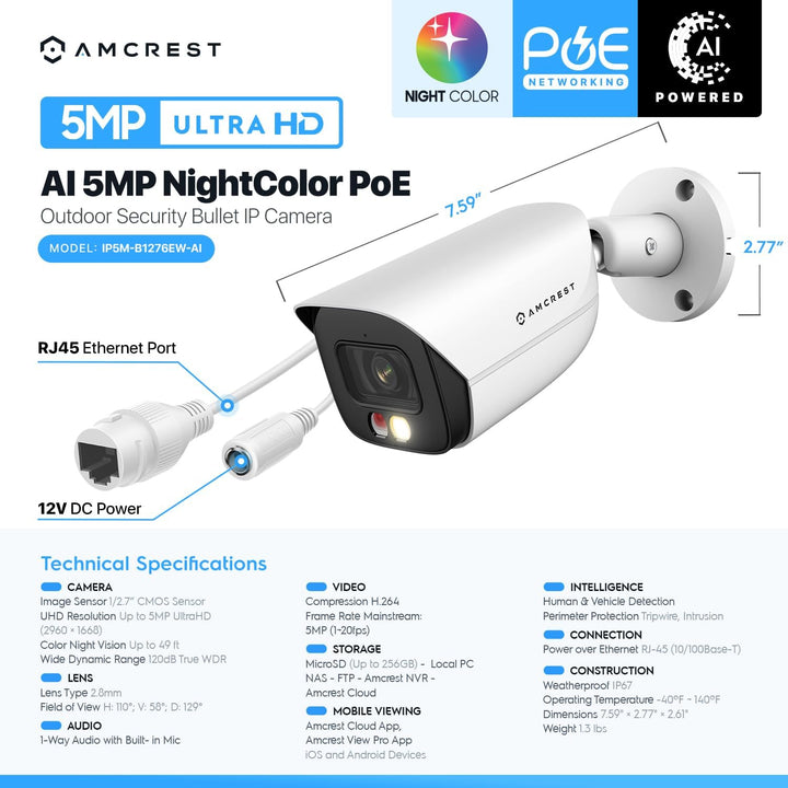 Amcrest Cámara IP PoE AI de 5MP con visión nocturna a color de 49 p...