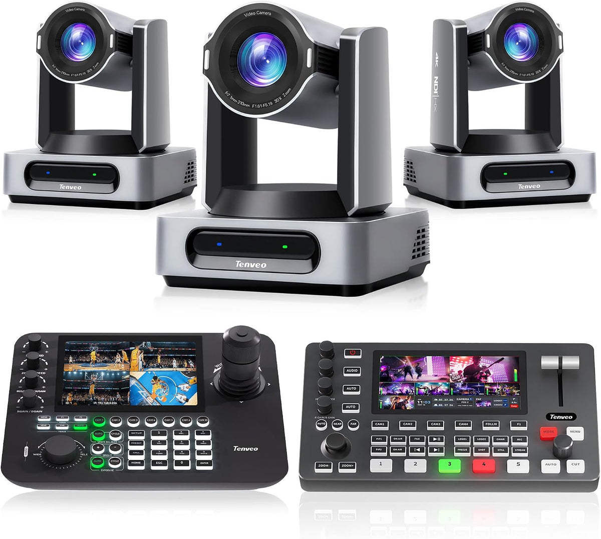 Tenveo Paquete de cámara PTZ, 4K 60FPS 30X AI Tracking NDI SDI/HDMI/USB3.0/LAN (PoE) Cámara PTZ (*3), controlador de joystick NDI y conmutador de video HDMI + SDI 4K para eventos en vivo grandes