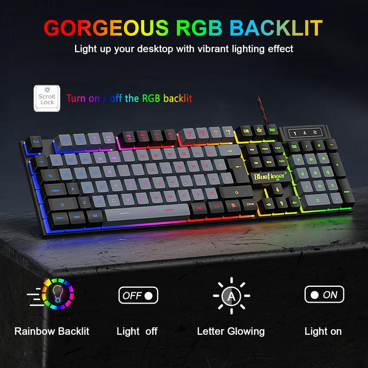 BlueFinger Combo de Teclado RGB para Juegos y Mouse Retroiluminado,...
