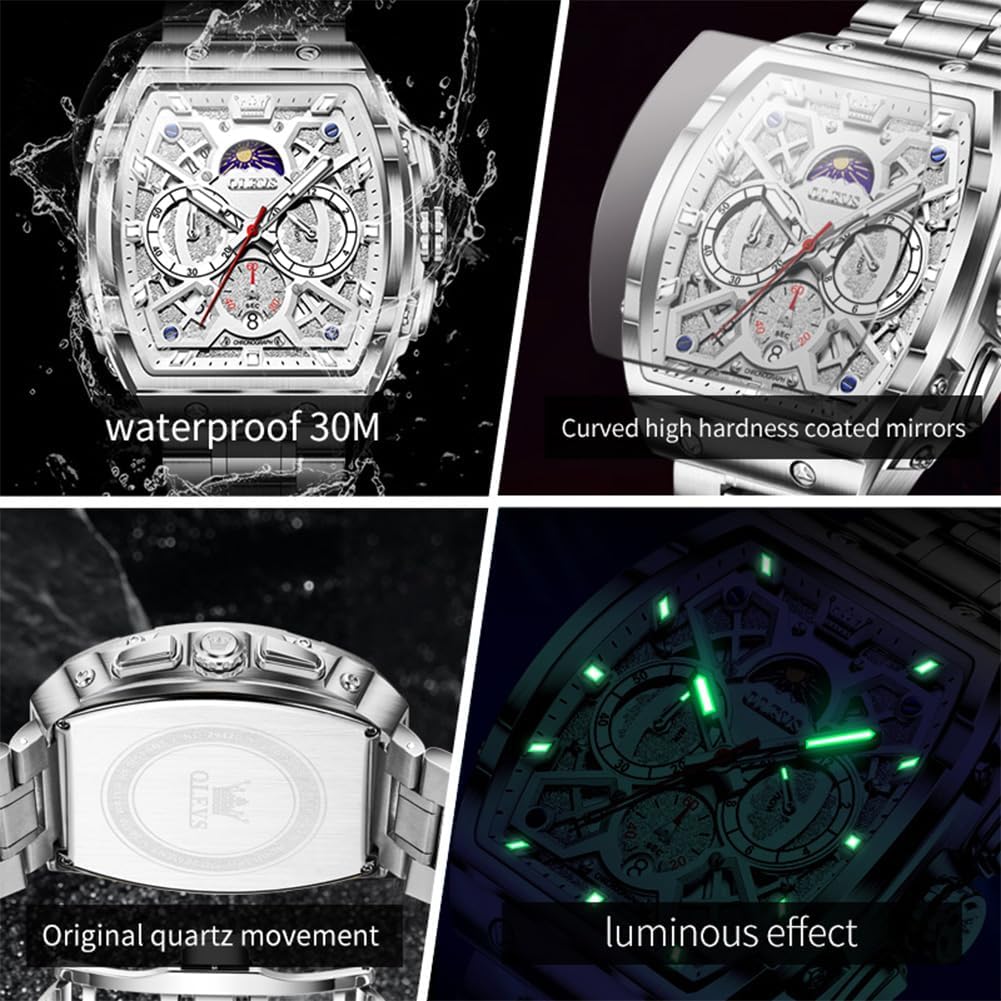 OLEVS Relojes para Hombre Multifuncionales de Negocios, Estilo Cuadrado, Acero Inoxidable, Resistente al Agua, Luz Luminosa, Lujo Casual, Pulsera para Hombre