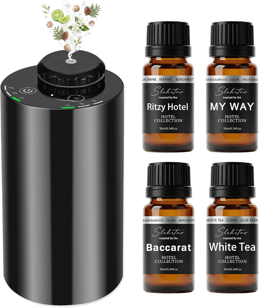Kit de difusor de aroma de hotel, difusor de aceite esencial sin agua con 4 aceites de fragancia de lujo, difusor de aroma de aire frío para el hogar, dormitorio, oficina y automóvil (kit difusor de