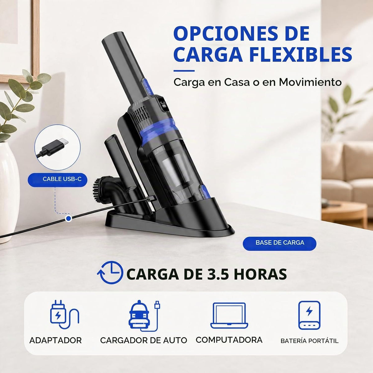 Aspiradora de mano inalámbrica portátil 3 en 1 recargable con base de carga, ligera, modos de 2 velocidades, carga tipo C para automóvil, hogar, oficina, mascotas