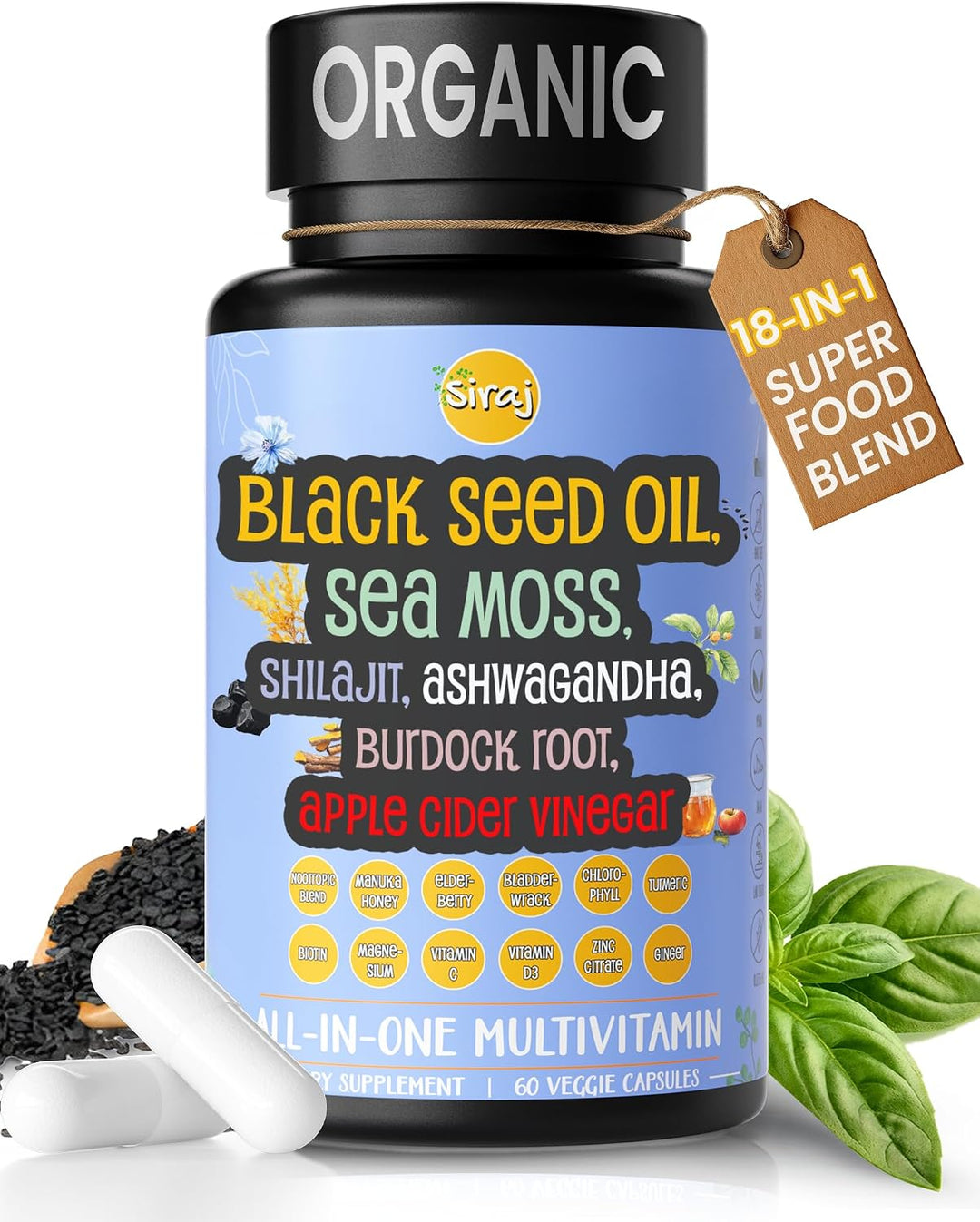 Siraj Multivitamínico orgánico | Aceite de semilla negra, musgo mar...