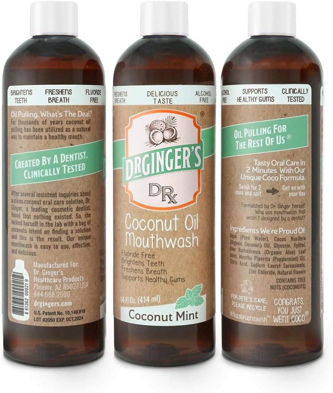 Enjuague bucal con aceite de coco Dr. Ginger, sin alcohol, menta de...