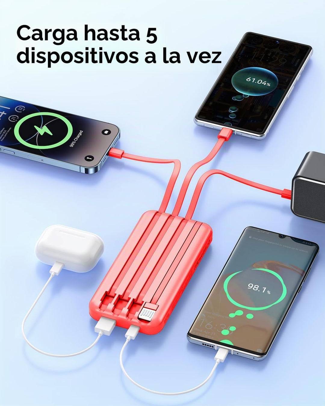 Cargador Portátil con Cable Integrado - Power Bank de 20000mAh USB...
