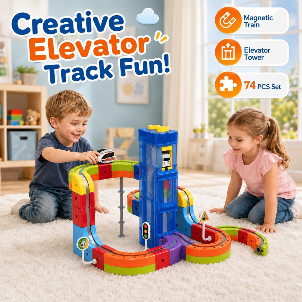 Juego de tren eléctrico magnético DIY para niños pequeños, elevador