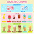 Juguete de helado para niños de 3 a 6 años, juego de helados de madera con mostrador, delantal, calcomanía de bricolaje, cuchara, dinero de juguete, juguetes de juego de simulación para juegos de