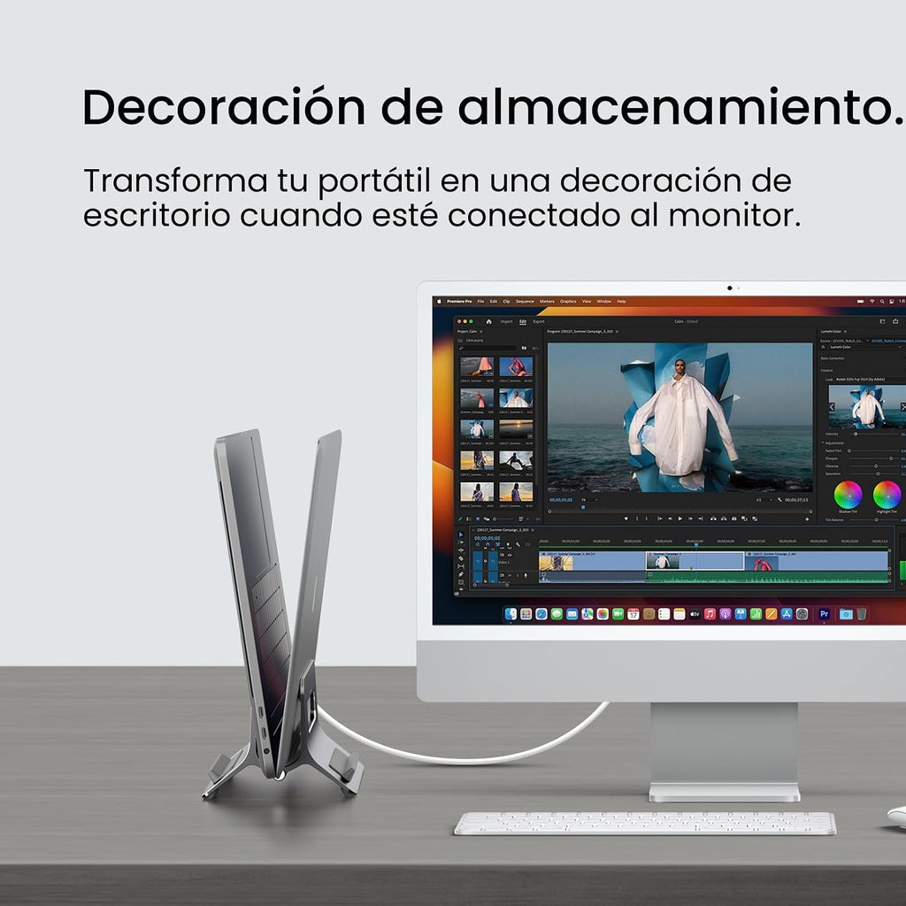 Soporte vertical para laptop para escritorio, soporte para MacBook con bloqueo automático por gravedad, soporte vertical de aluminio para laptop compatible con MacBook Pro, Air, tableta, ahorro de espacio, organiza el trabajo y la oficina en casa, gris