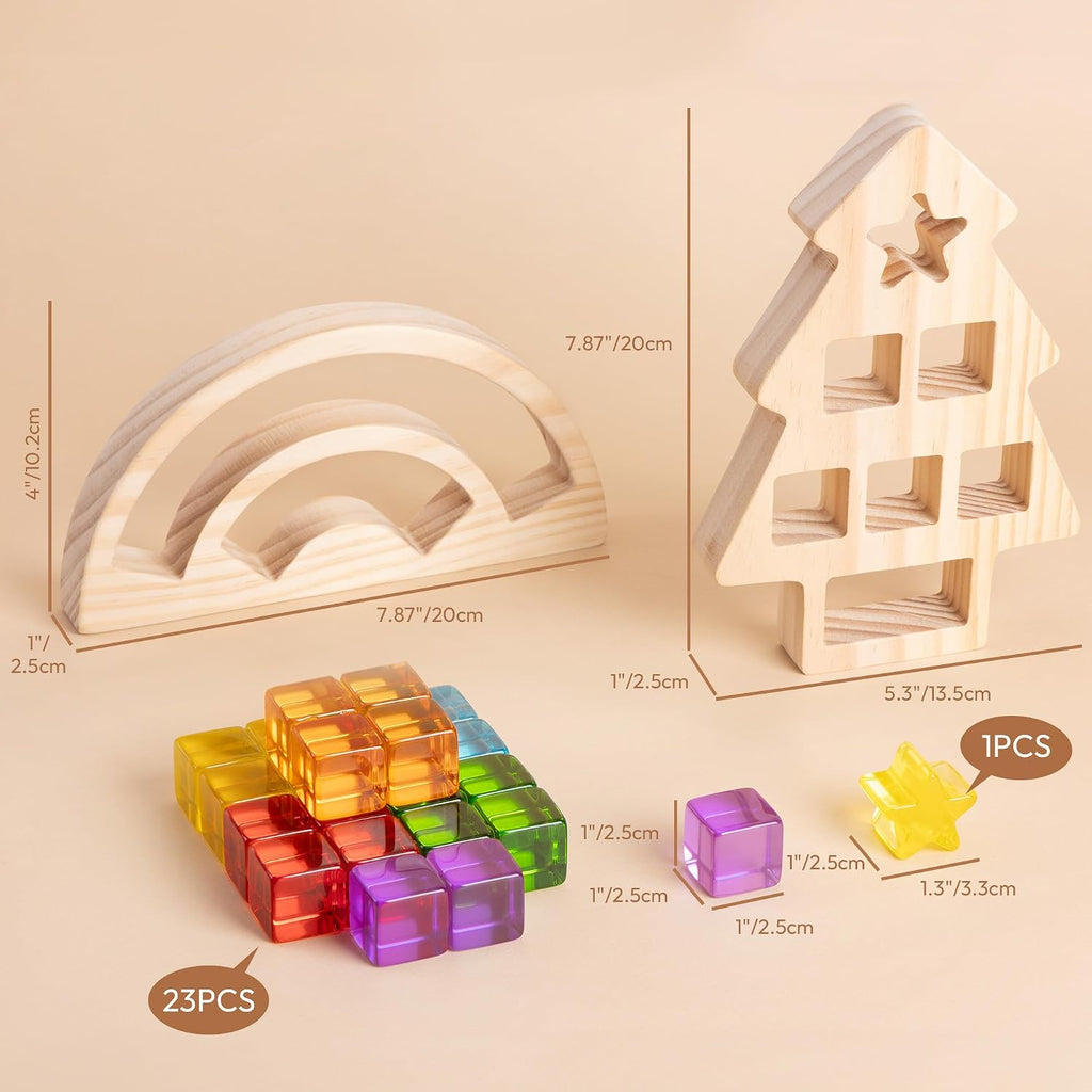 Juego de bloques de construcción de madera para niños, marco de madera de arco iris y árbol, 24 unidades de cubos de gemas acrílicas, juguetes apilables Montessori, juguetes educativos de