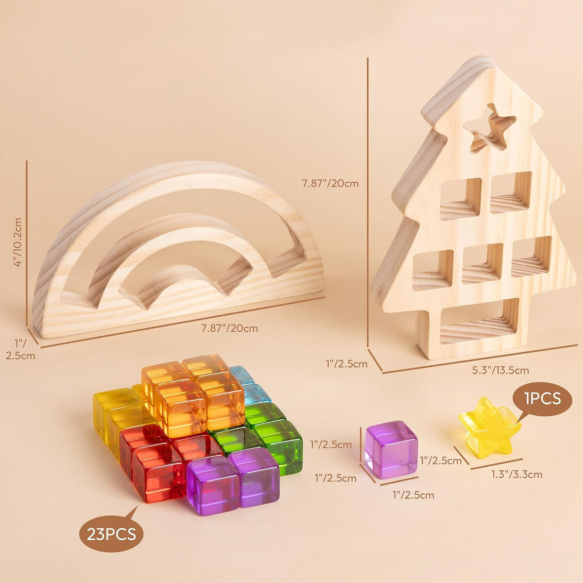 Juego de bloques de construcción de madera para niños, marco de madera de arco iris y árbol, 24 unidades de cubos de gemas acrílicas, juguetes apilables Montessori, juguetes educativos de