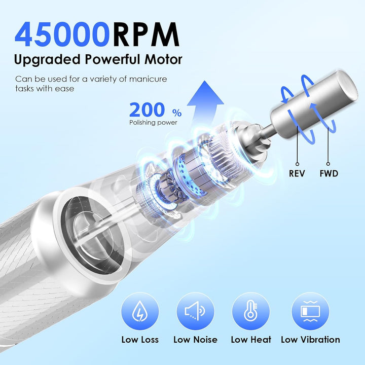 HELIVIVE Taladro de uñas eléctrico profesional de 45000 RPM (portát...