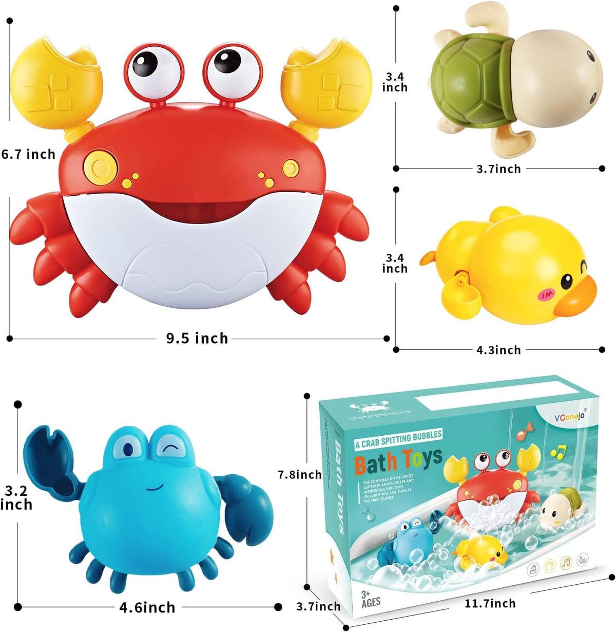Juguetes de baño para bebés y niños pequeños, fabricante de burbujas de baño de cangrejo con 12 canciones, paquete de 3 juguetes de cuerda para piscina para niños, juguetes de bañera como regalo de