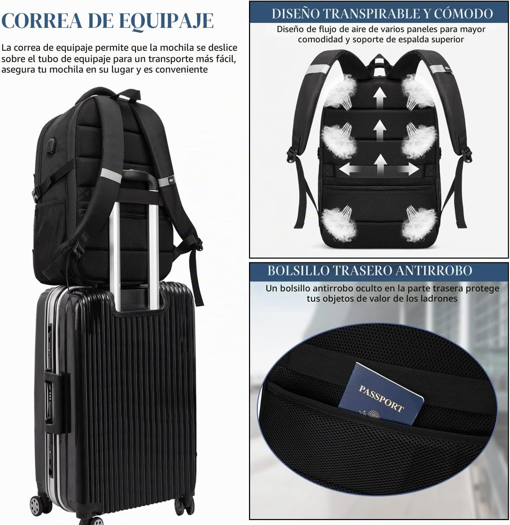 Mochila extra grande para hombres 55L, 18.4 pulgadas, mochila de viaje para portátil con puerto de carga USB, mochila de computadora de gran capacidad para vuelos de negocios, aprobada por TSA