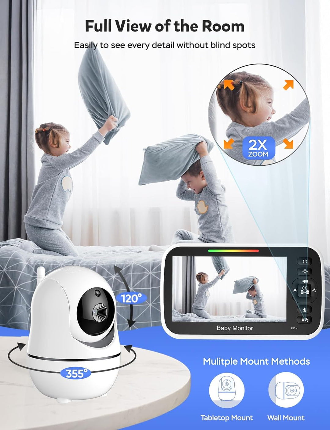 GoodBaby Monitor de bebé con cámara y audio, sin WiFi, zoom panorám...