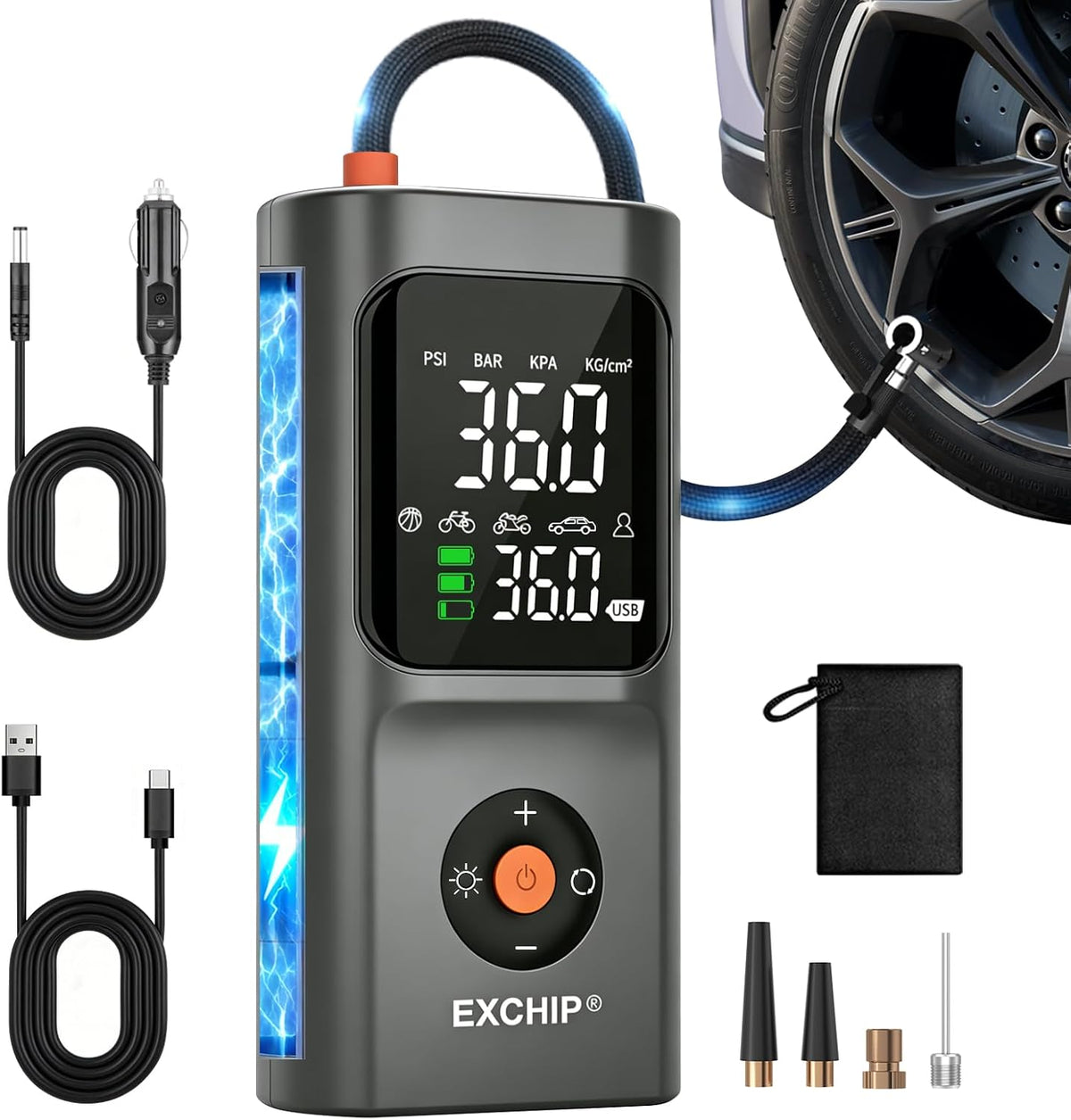 Exchip Inflador de neumáticos, compresor de aire portátil, bomba de...