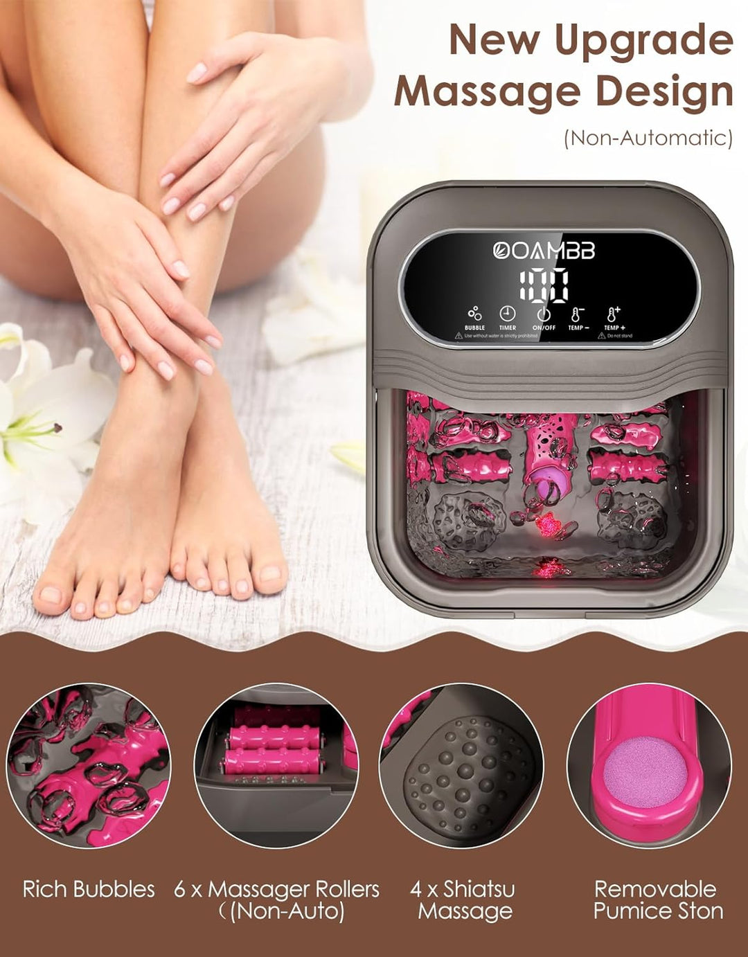 OOAMBB Masajeador de spa para pies plegable con calor, burbujas y c...