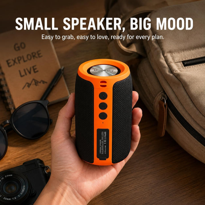 Altavoz Bluetooth Musibaby M68, 12W, IPX5, FM, USB AUX, Naranja Neg...