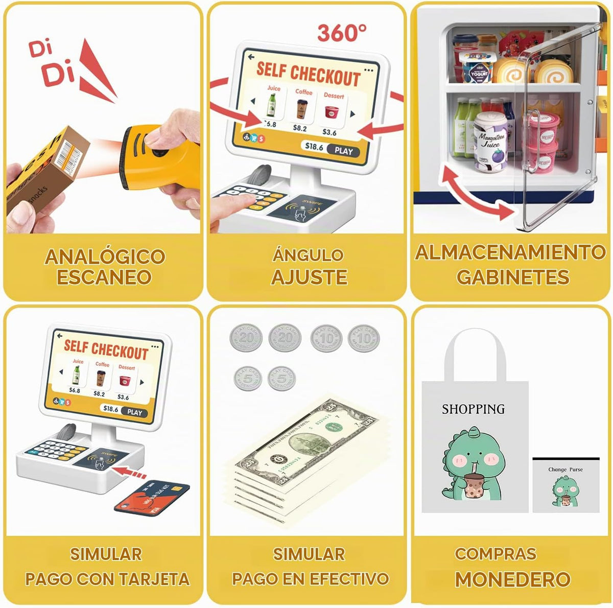 Juego de caja registradora para niños – 48 piezas de dinero de simulación, calculadora, escáner, tarjeta de crédito y comida de juego para niños y niñas a partir de 3 años (668-125)