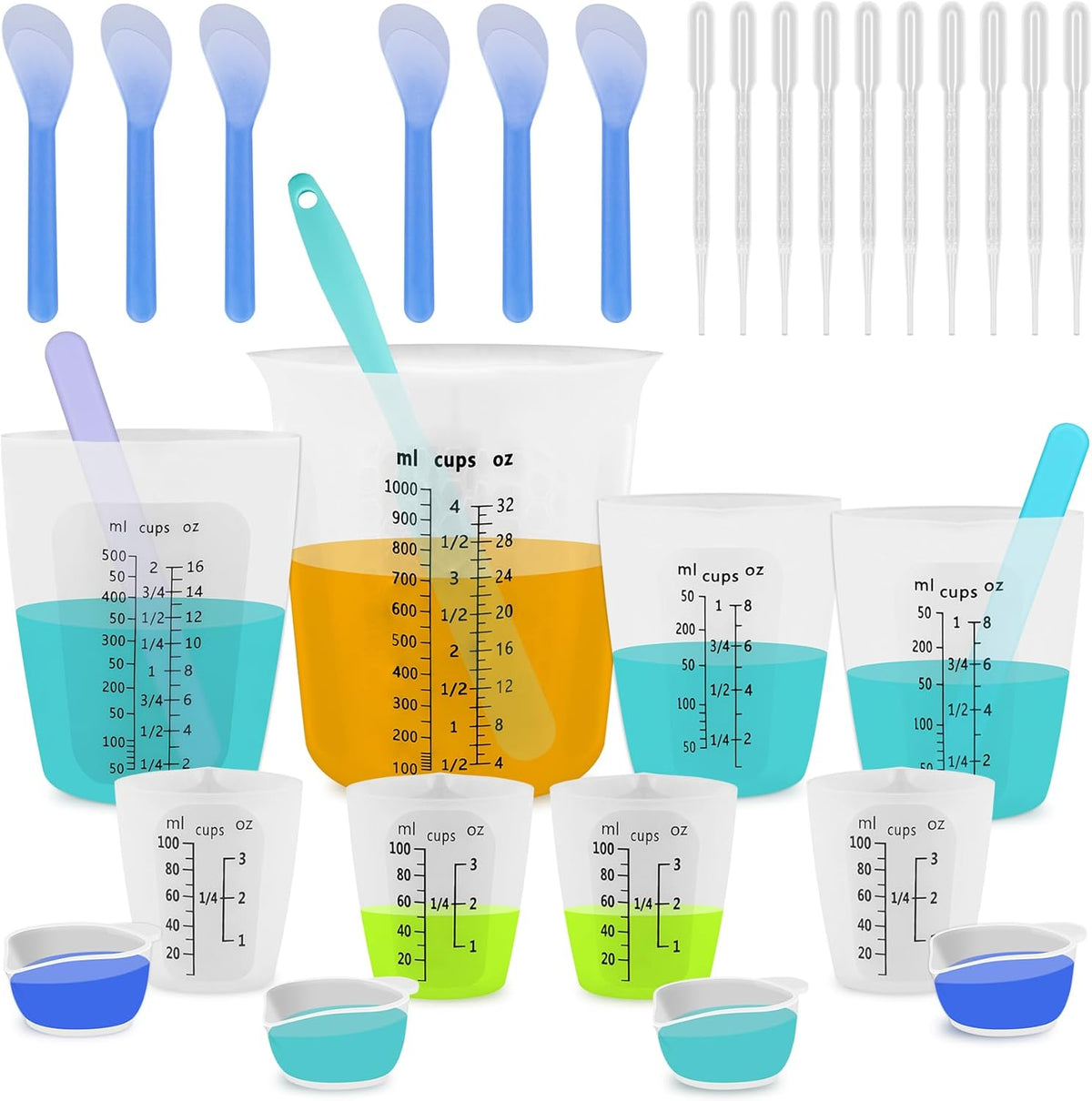 Juego de tazas medidoras de resina de silicona de 1 litro para suministros de resina, marcas fáciles de leer, taza grande de 32 onzas, tazas de silicona reutilizables gruesas de 500, 250 y 3.4 fl oz para mezcla de epoxi, fabricación de joyas