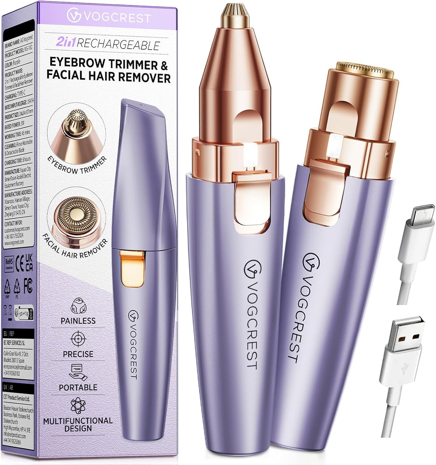 VG VOGCREST Recortadora de cejas y facial: depilación facial recarg...
