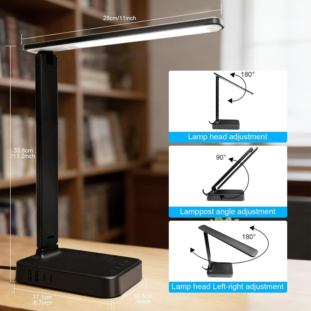 Lámpara karidi Lámpara de escritorio LED con tira de alimentación, 3 salidas de CA y 4 puertos USB (2 USB-C), luz de tareas para el cuidado de los ojos, 5 modos de color, 5 brillo regulable, base resistente