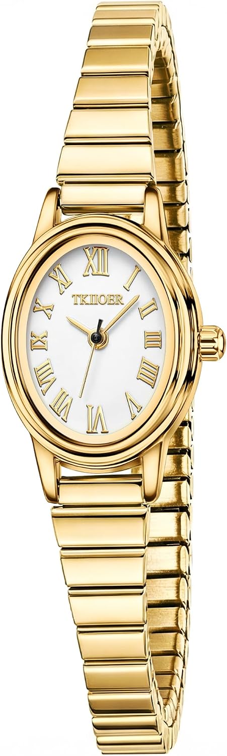 Relojes pequeños de oro para mujer, reloj analógico de esfera fácil de leer, caja ovalada, banda de expansión de acero inoxidable, reloj impermeable