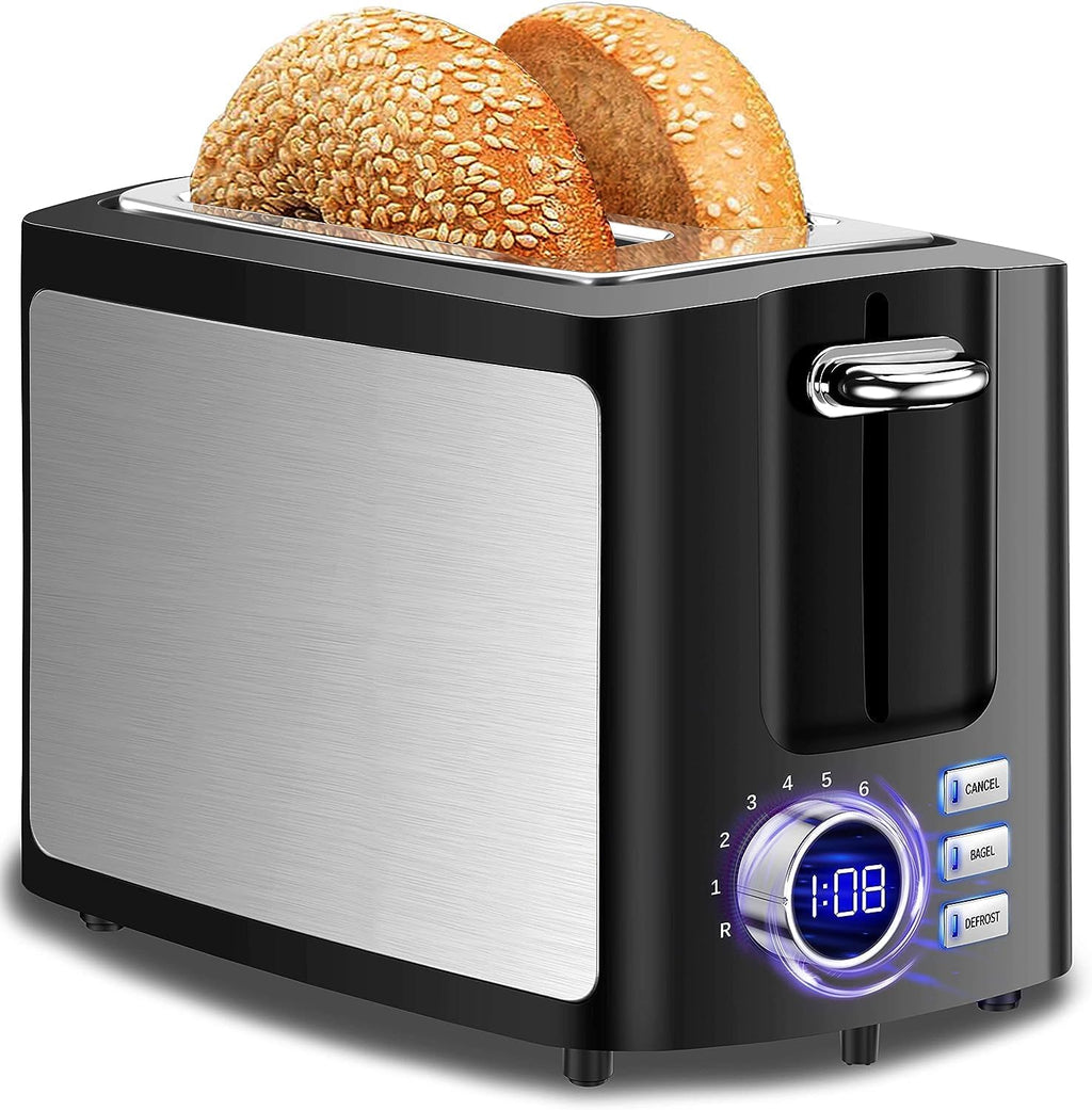 Tostadora de 2 rebanadas, tostadora negra Prime con pantalla LCD digital de cuenta regresiva para pantalla Tostadora inteligente de ranura ancha con bagel/función de descongelación/cancelación/recalentamiento y bandeja extraíble para migas