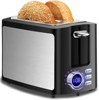 Tostadora de 2 rebanadas, tostadora negra Prime con pantalla LCD digital de cuenta regresiva para pantalla Tostadora inteligente de ranura ancha con bagel/función de descongelación/cancelación/recalentamiento y bandeja extraíble para migas