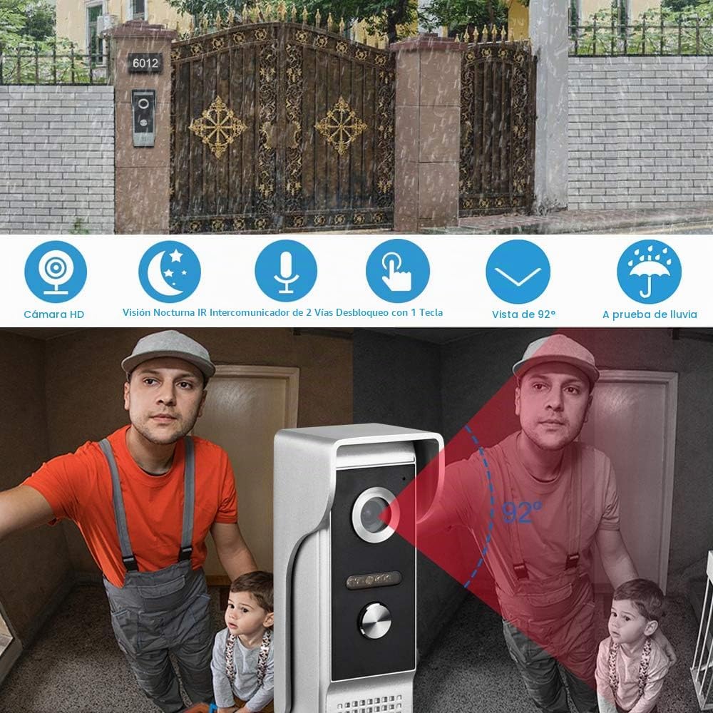 Video Intercom System, Monitor de 7 Pulgadas Conectado por cable, Kit de Puerta con Timbre y Cámara