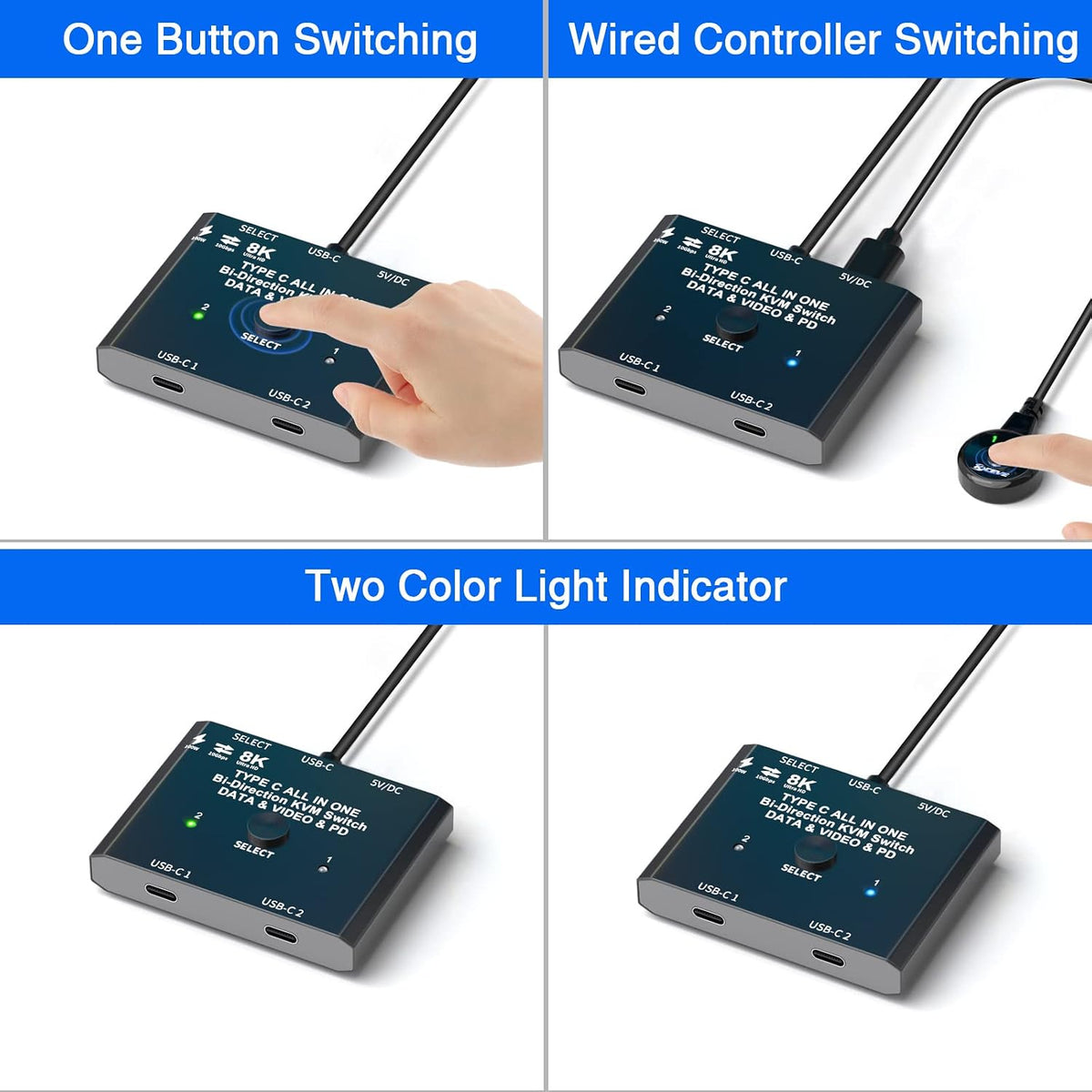 Interruptor USB C 2 en 1 Salida USB C Selector de conmutador para 2 computadoras portátiles comparte 1 dispositivo USB, transferencia de datos 4K @60Hz/10Gbps y carga PD de 100 W, control con cable y