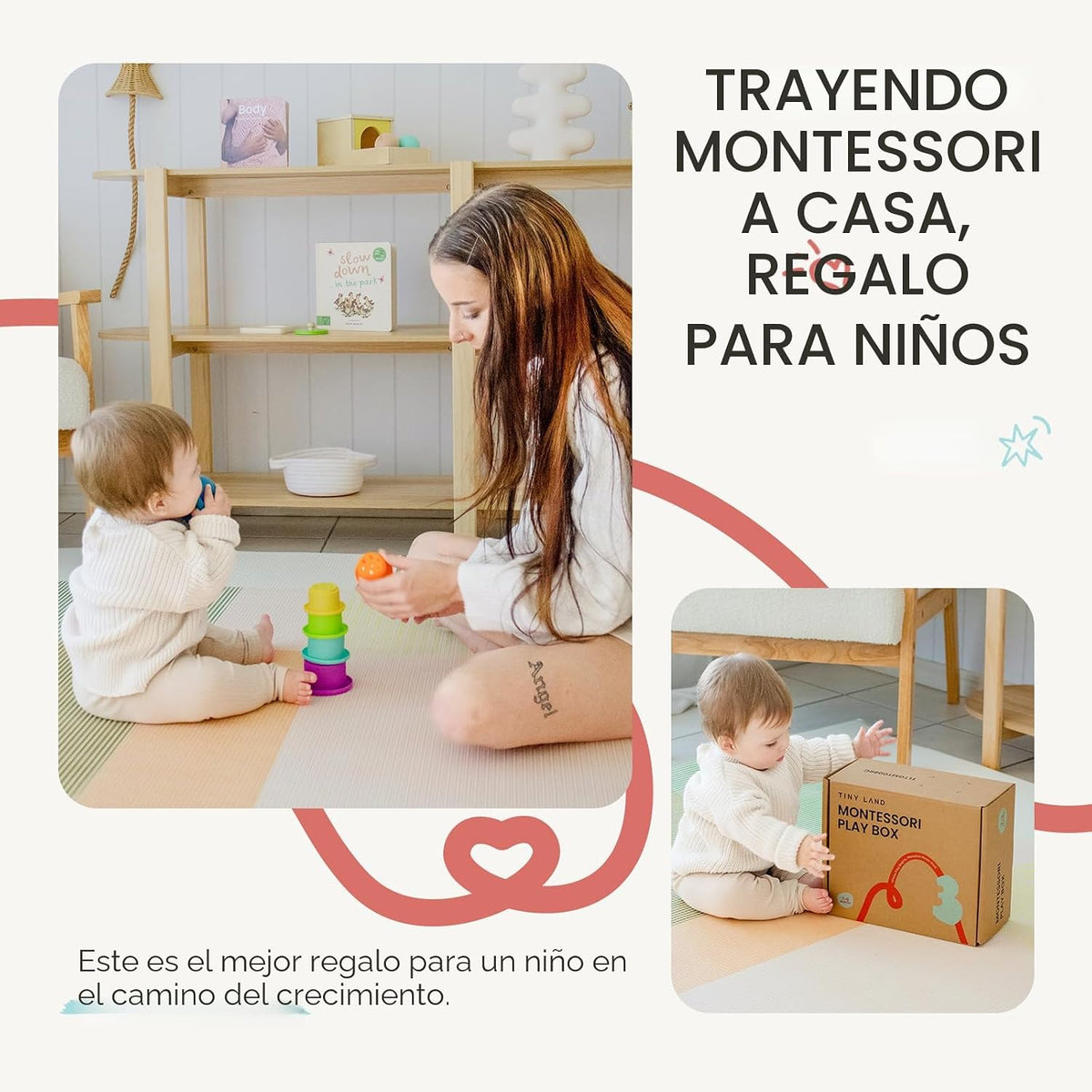 Tiny Land Juego de juguetes Montessori para bebés de 7 a 9 meses Kit de juego sensorial - 5 en 1 Juguetes de aprendizaje de madera con caja de permanencia de objetos, bola sensorial, tazas apilables y