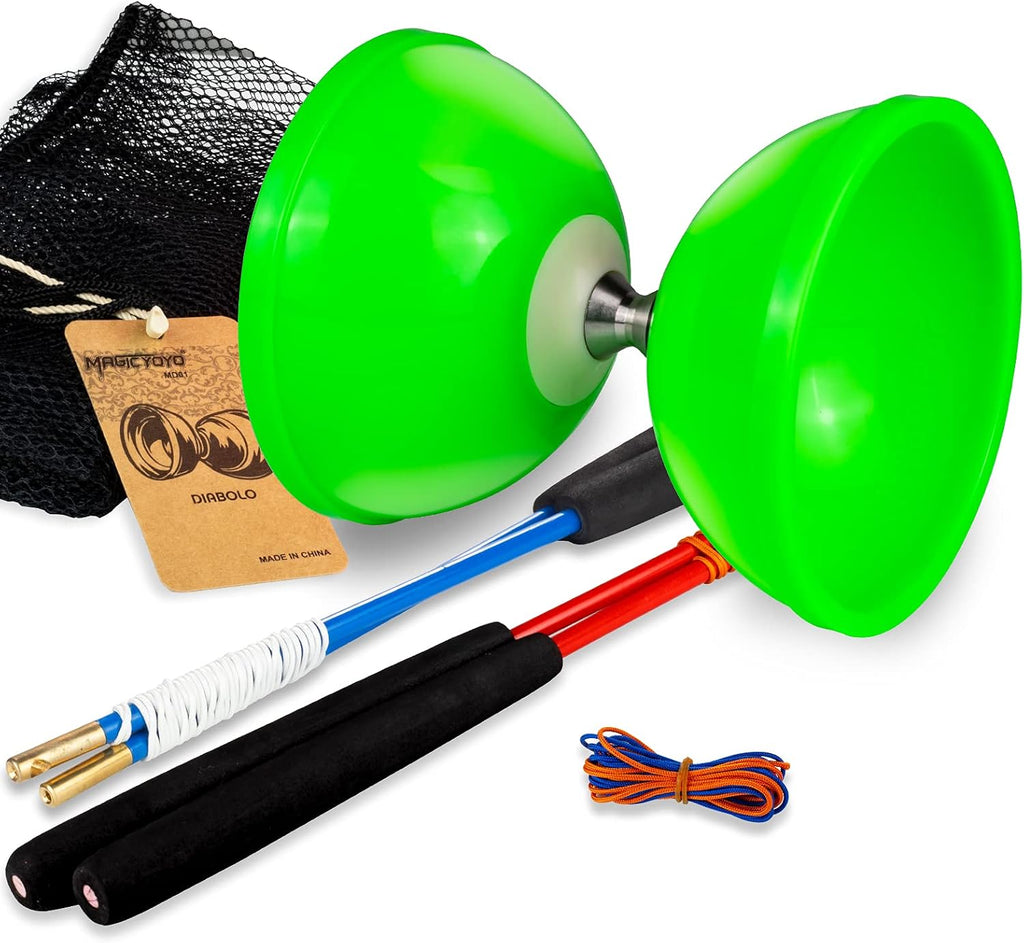 MAGICYOYO Pro Triple Rodamiento Verde Diabolo Tamaño Mediano 5"" Juguete de Yoyo Chino con 2 Pares de Palos de Carbono + 2 Cuerdas Extra + 1 Bolsa de Malla, Juguete de Habilidad de Yoyo Chino de Alto