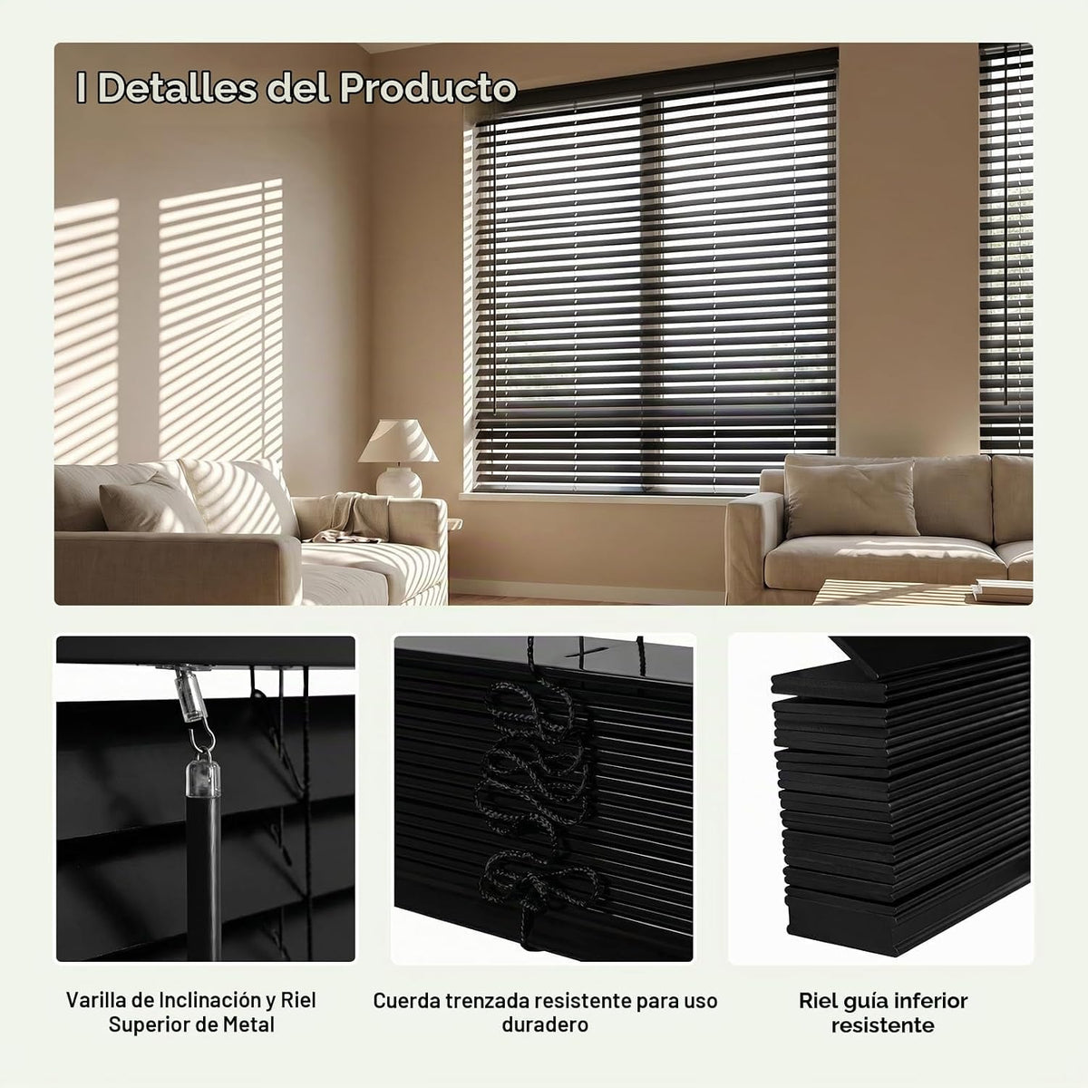 2" Persianas de Madera Verdadera sin Cables 23"W x 48"H Negro de Madera de Basswood para Ventanas Interiores