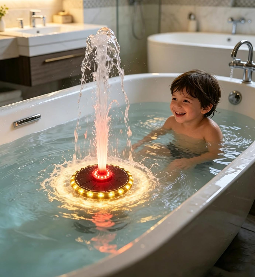 Fuente de baño 2026 para niños, fuente de bañera, rociador de agua flotante con energía solar con luces LED coloridas, 8 modos de pulverización para baño, piscina y ambiente de bañera
