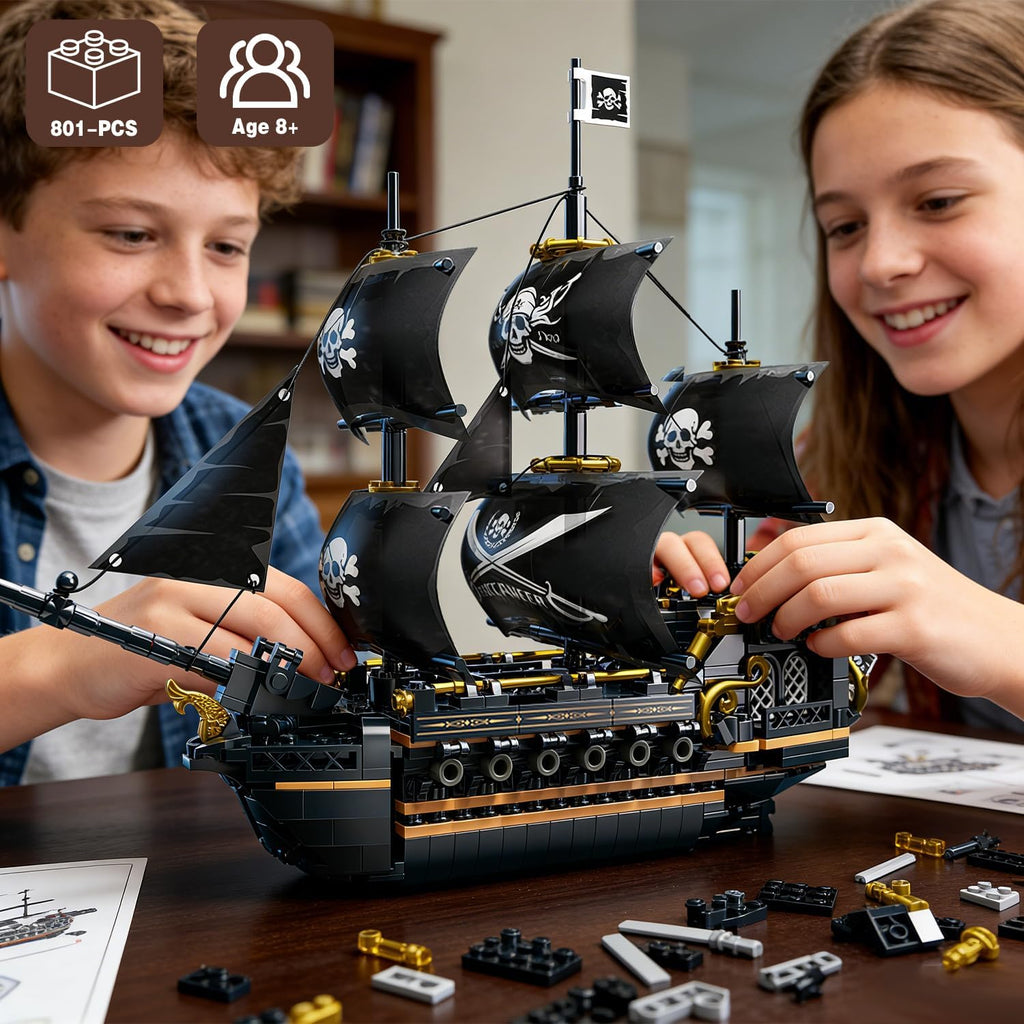 Juego de bloques de construcción de barco pirata, juguetes de barco pirata negro, 3 mástiles, kit de modelo clásico de barco de vela con soporte de exhibición, regalos de cumpleaños para adultos, niños, hombres, adolescentes y niños de 8 a 12 (801