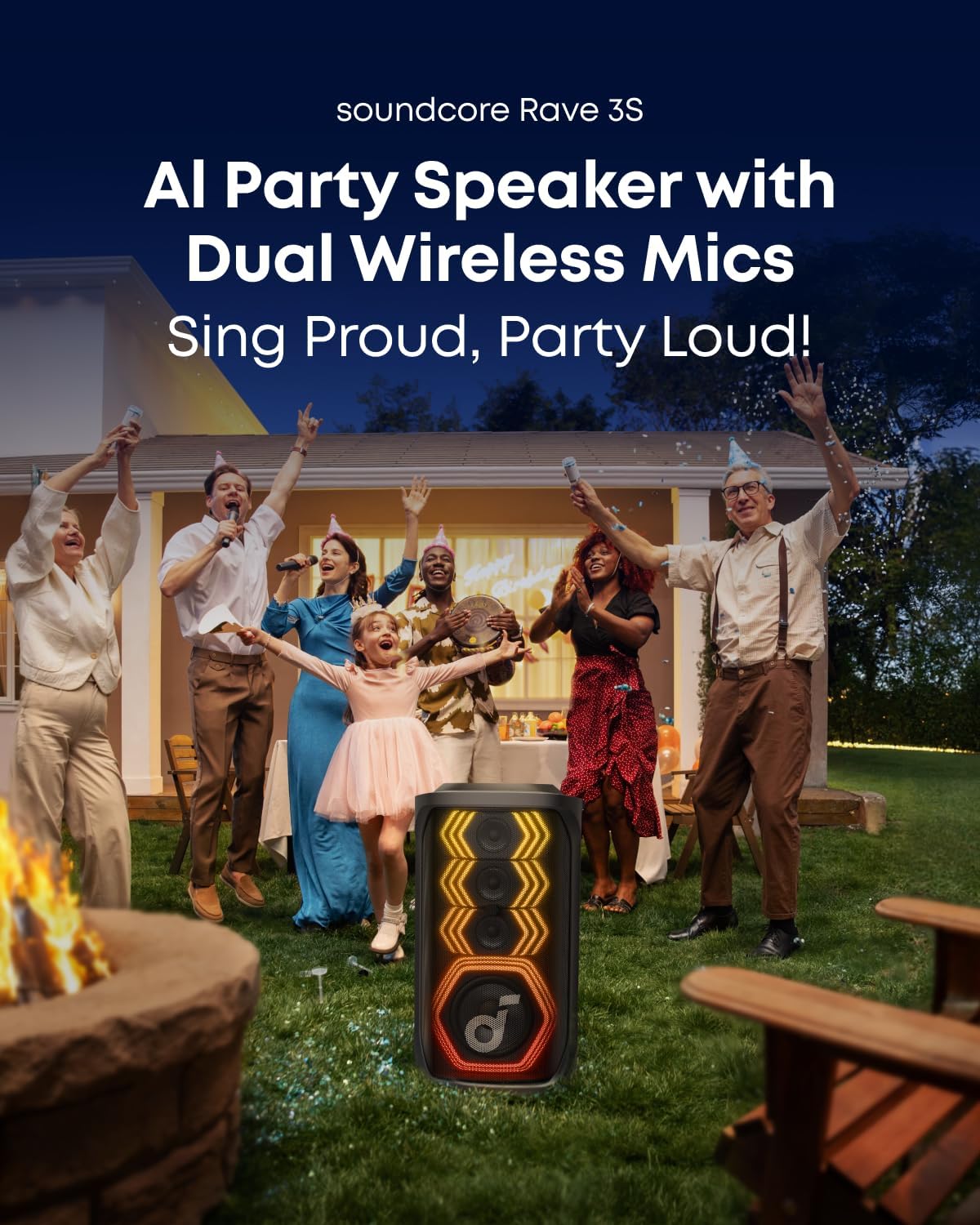 soundcore Rave 3S - Altavoz de fiesta AI con 2 micrófonos inalámbricos, sonido de 200 W, eliminación de voz AI, reverberación, espectáculo de luz, tiempo de reproducción de 12 horas, sistema PA