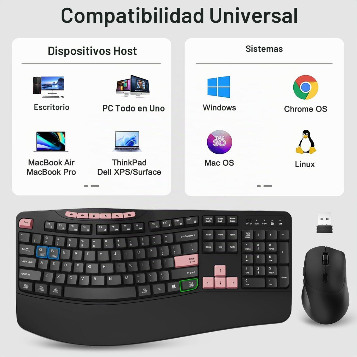 Combo de teclado y mouse inalámbricos, teclado ergonómico con 6 tec...