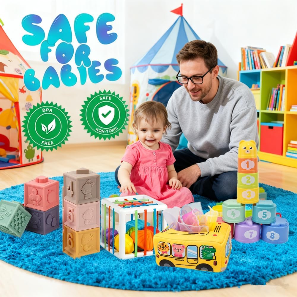 Juguetes para bebés de 6 a 12 meses, juguetes Montessori para niños de 1 año, juguete mordedor de cuerda de silicona, bloques de construcción apilables, juguete infantil infantil de 0 a 3, sensor de cubo de forma, juego de regalos para bebés y niñas
