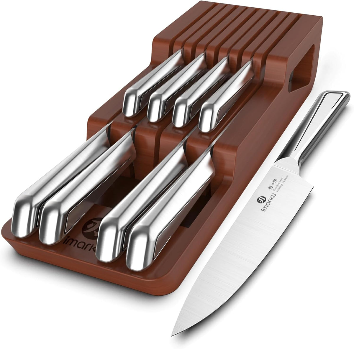 imarku - Juego de 10 cuchillos de acero inoxidable con organizador de madera